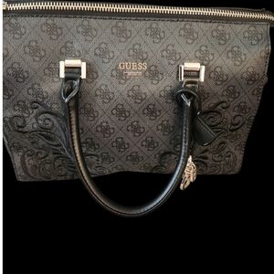 GUESS Black Logo-Print Tote with Gold Accents